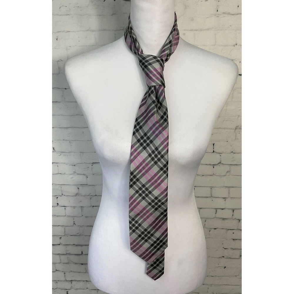 Chaps Men Silk Tie Pink Gray Black Plaid Hand Made 57L X 3W Classic Design